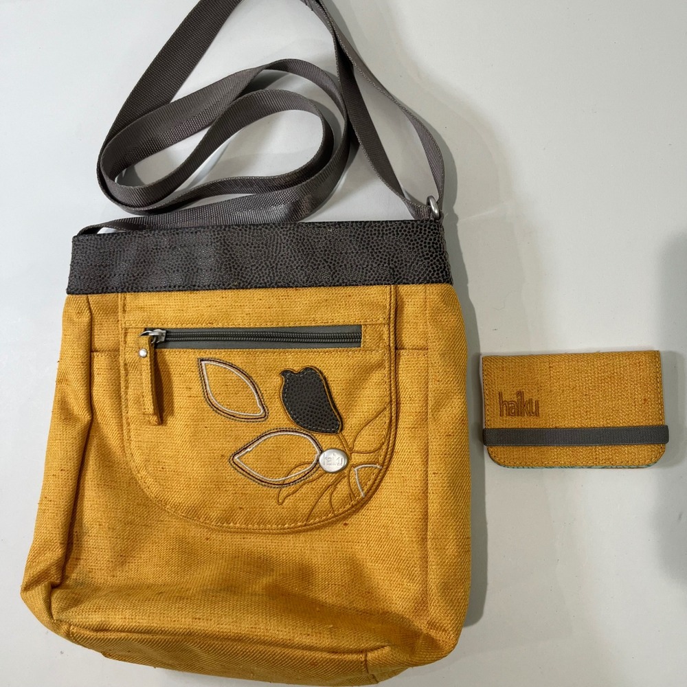 Haiku Crossbody Bag Wallet Women Yellow Embroidered Floral Eco Boho RFID Travel